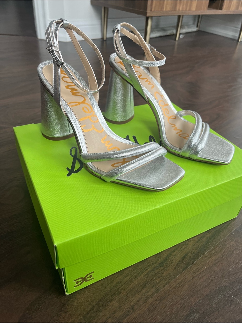 Metallic Silver Block Heel Sandals with Ankle Strap